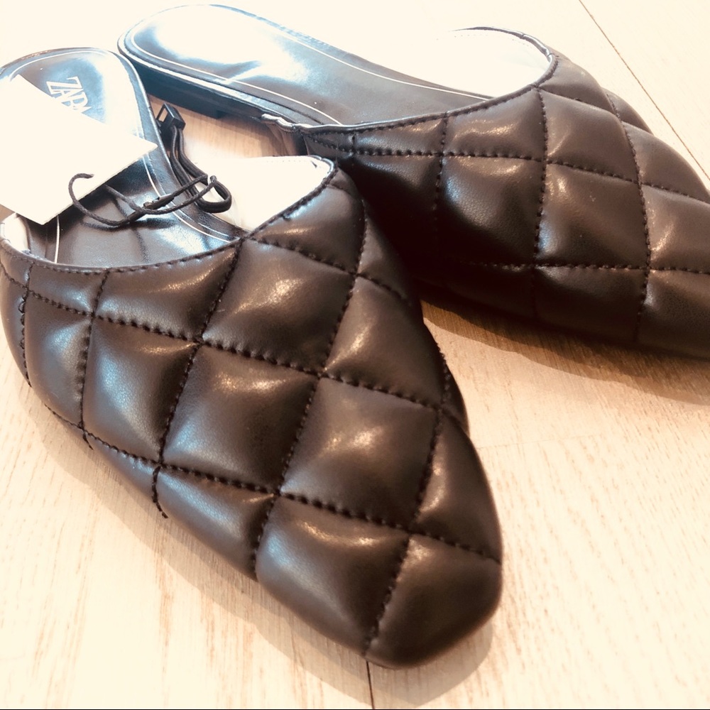 NWT Zara Black Faux Leather Quilted Mules - Picture 5 of 7